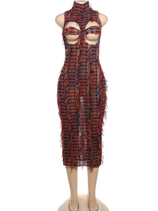 Sexy Sleeveless Hollow Out Bodycon Long Dress For Women 2025 New Women High Neck Street Fashion High Waist Slim Vestidos