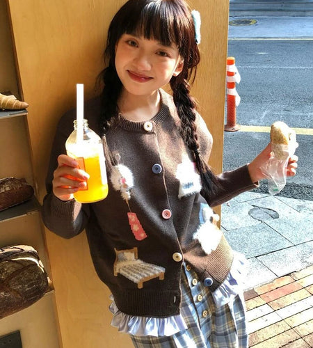 Preppy Style Kawaii Cartoon Jacquard Knited Cardigan Women Casual Loose Sweater Jackets 2025 Spring Grunge Cropped Kardigany