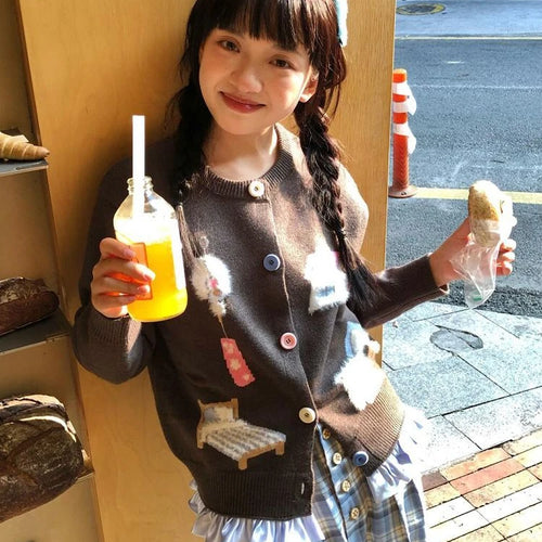 Load image into Gallery viewer, Preppy Style Kawaii Cartoon Jacquard Knited Cardigan Women Casual Loose Sweater Jackets 2025 Spring Grunge Cropped Kardigany
