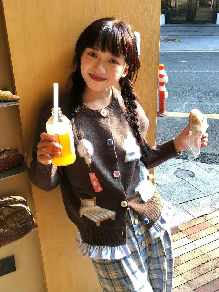 Preppy Style Kawaii Cartoon Jacquard Knited Cardigan Women Casual Loose Sweater Jackets 2025 Spring Grunge Cropped Kardigany