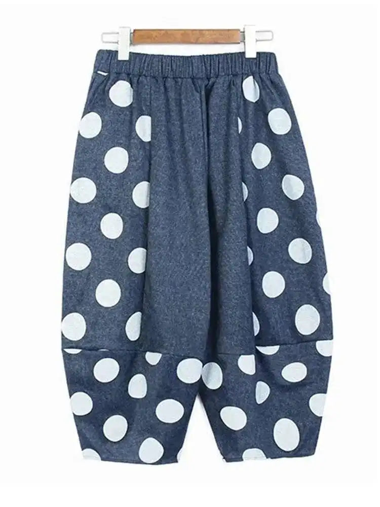 High Elastic Waist Blue Dot Printed Denim Casual Harem Pants New Trousers Women Fashion Tide Spring Autumn 2025 1DJ0083
