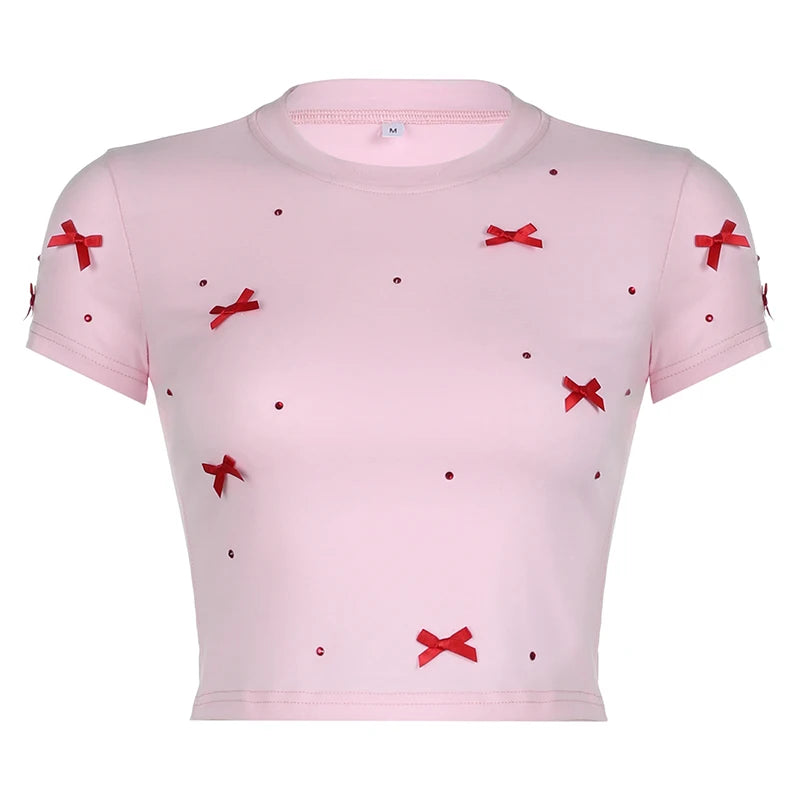 Sweet Bow Kawaii Crop Top Women Round Neck Slim Korean Fashion Summer T-shirts Cute Coquette Baby Tees Y2K Pink Shirt