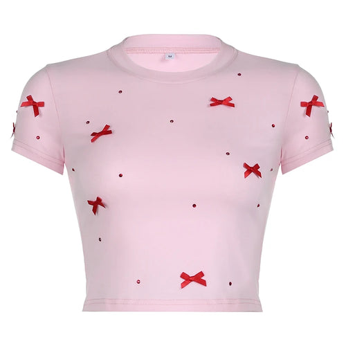 Load image into Gallery viewer, Sweet Bow Kawaii Crop Top Women Round Neck Slim Korean Fashion Summer T-shirts Cute Coquette Baby Tees Y2K Pink Shirt
