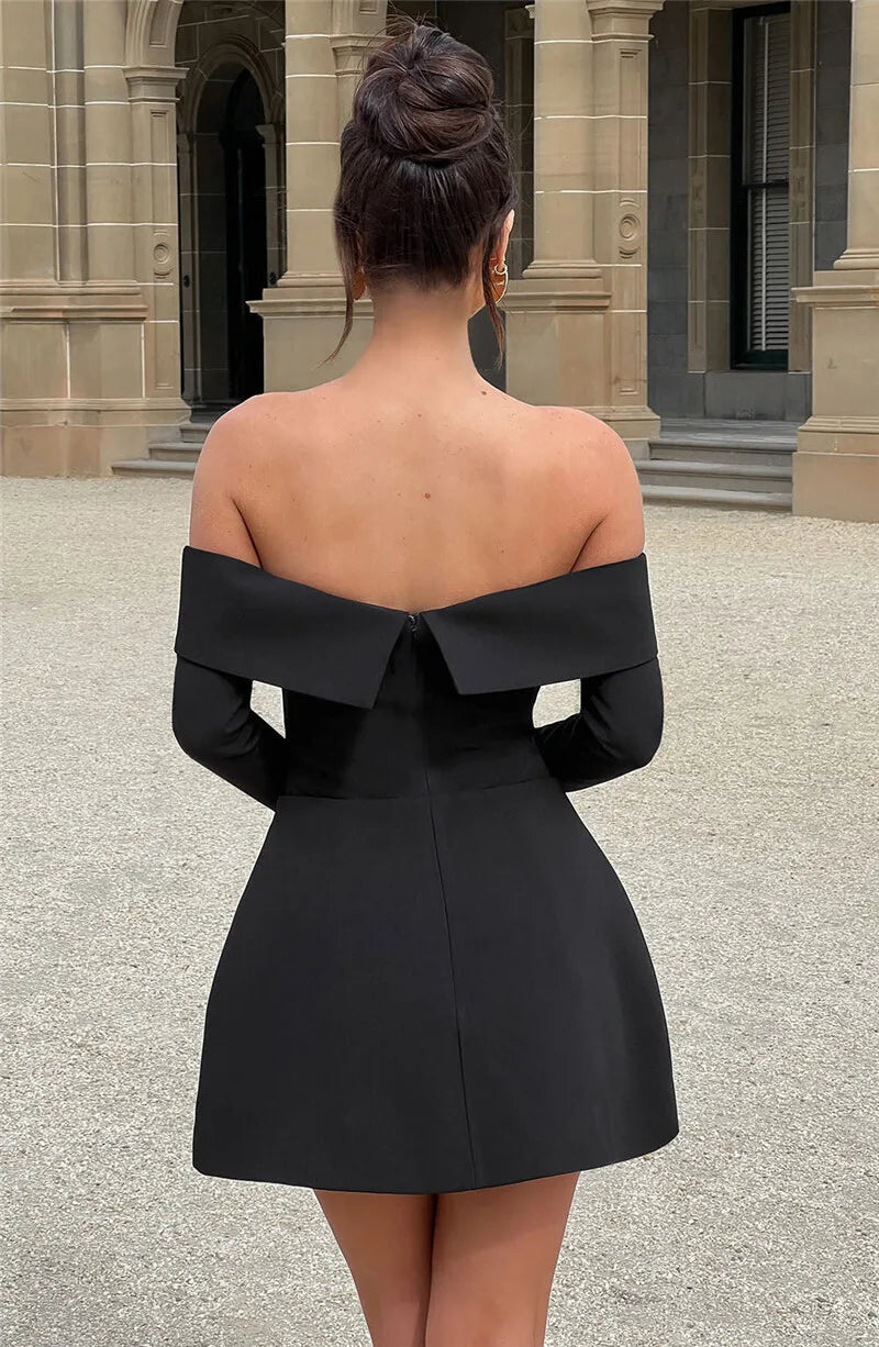 Off-shoulder Long Sleeve Sexy Mini Dress For Women Two Pocket Strapless Backless A-line Club Party Sexy Dress Elegant