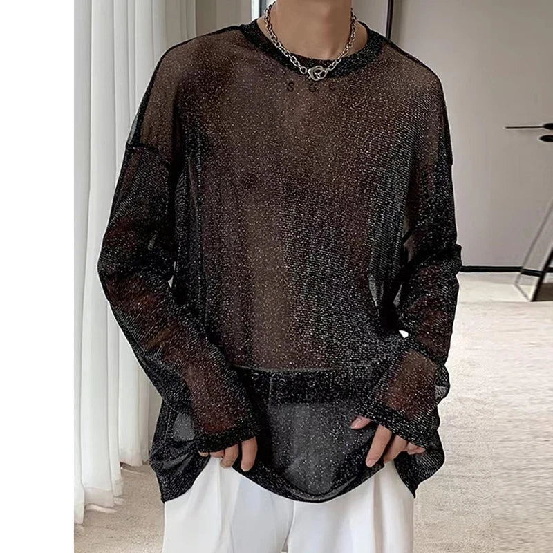 Sexy Style Men's T-shirts Casual Thin Mesh Sequin Tops Perspective Round Neck Long Sleeve Male Tees Summer 9C6639