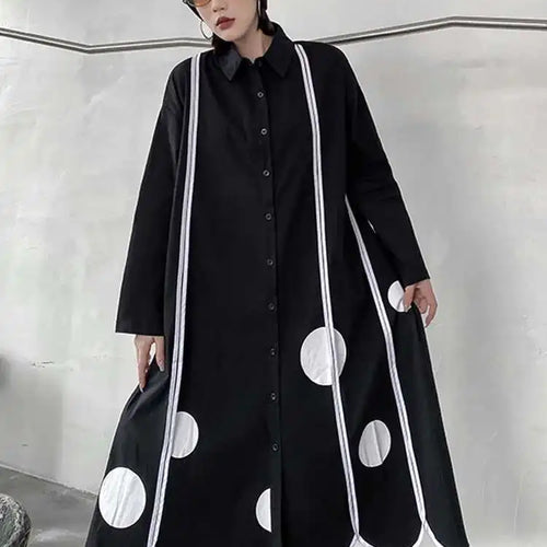 Load image into Gallery viewer, Women Black Dot Printed Long Big Size Shirt Dress New Lapel Long Sleeve Loose Fit Fashion Tide Spring Autumn 2025 1DF1508
