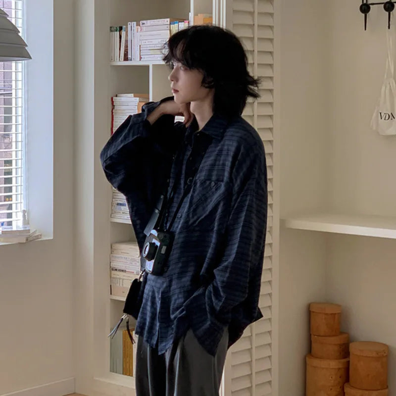 Men Plaid Design Long Sleeved Shirt New Spring Loose Casual Single Breasted Shirts Korean Turn-down Collar Trendy 9W1445