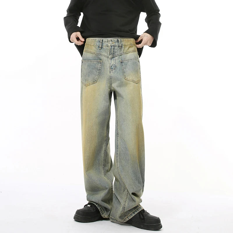 High Street Men's Denim Pants  Reverse Wear Design Washing Worn-out Personalized Straight Wide Leg Loose Male Jeans 9C9296