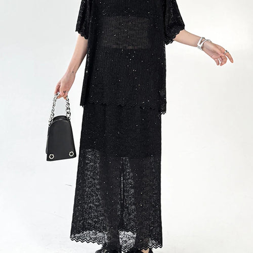 Load image into Gallery viewer, Black Lace T-shirt Back Slit Skirt Two Pieces Suit New Round Neck Short Sleeve Women Fashion Spring Summer 2025 1DJ1159
