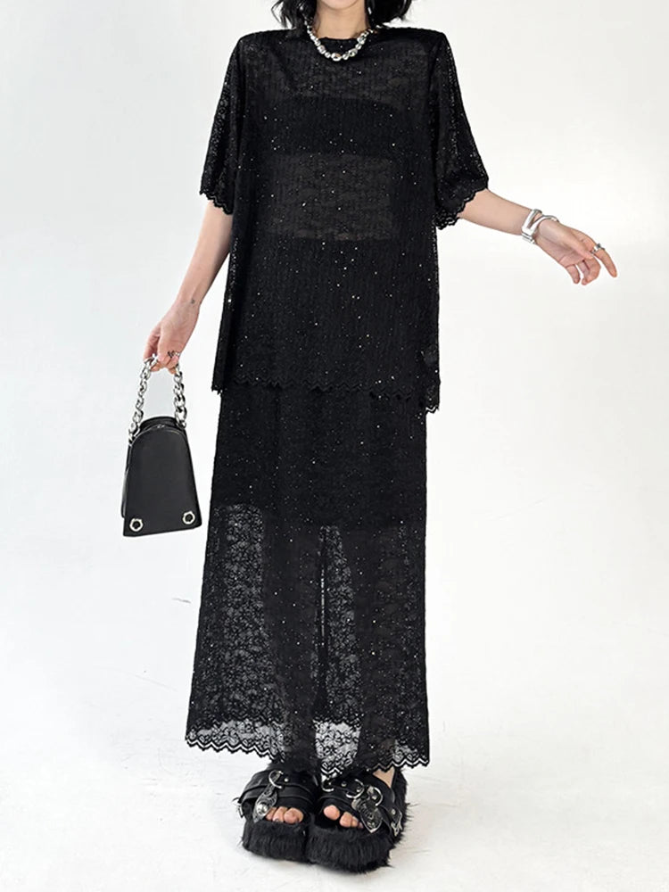 Black Lace T-shirt Back Slit Skirt Two Pieces Suit New Round Neck Short Sleeve Women Fashion Spring Summer 2025 1DJ1159