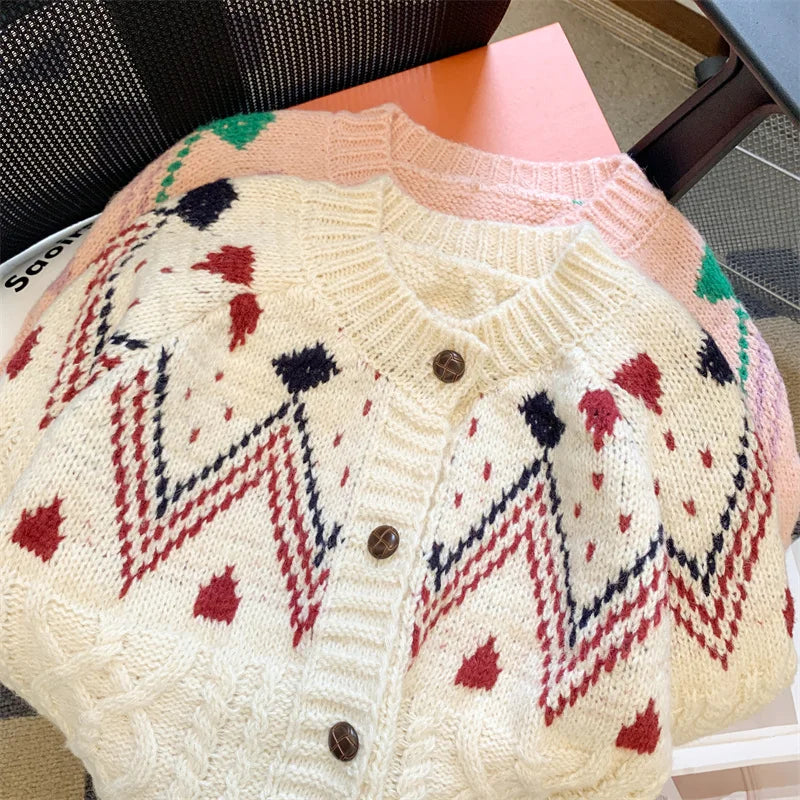 Autumn Winter Vintage White Patchwork Cardigan Sweater Women Korean Pink Single-breasted Long Sleeved Elegant Knitted Tops Thick
