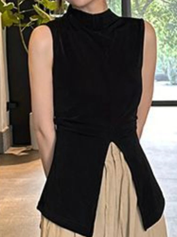 Harajuku Half Height Split Tee Shirts Women Y2k Aesthetic Solid Vintage Sleeveless T-Shirt Streetwear Casual Grunge Crop Tops