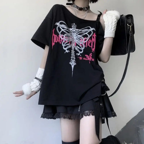 Load image into Gallery viewer, Y2k Aesthetic Black T Shirt Women Harajuku Off Shoulder Skull Print Gothic Graphic  Shirts Japanese Punk Grunge Streetwear ee
