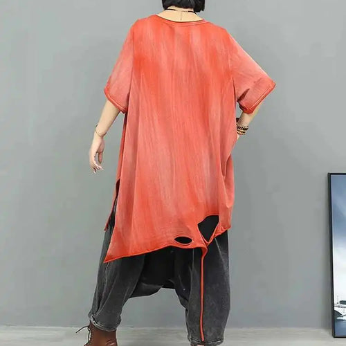 Load image into Gallery viewer, Women Orange Red Holes Big Size Casual Long T-shirt New Round Neck Half Sleeve Fashion Tide Spring Autumn 2025 1DJ0279
