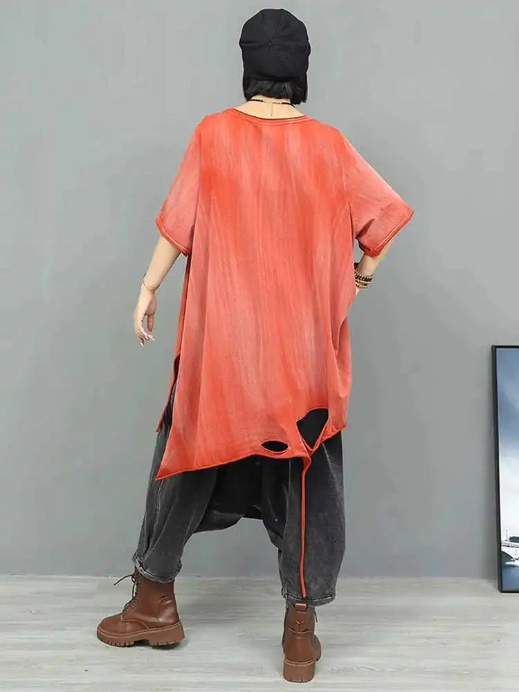Women Orange Red Holes Big Size Casual Long T-shirt New Round Neck Half Sleeve Fashion Tide Spring Autumn 2025 1DJ0279