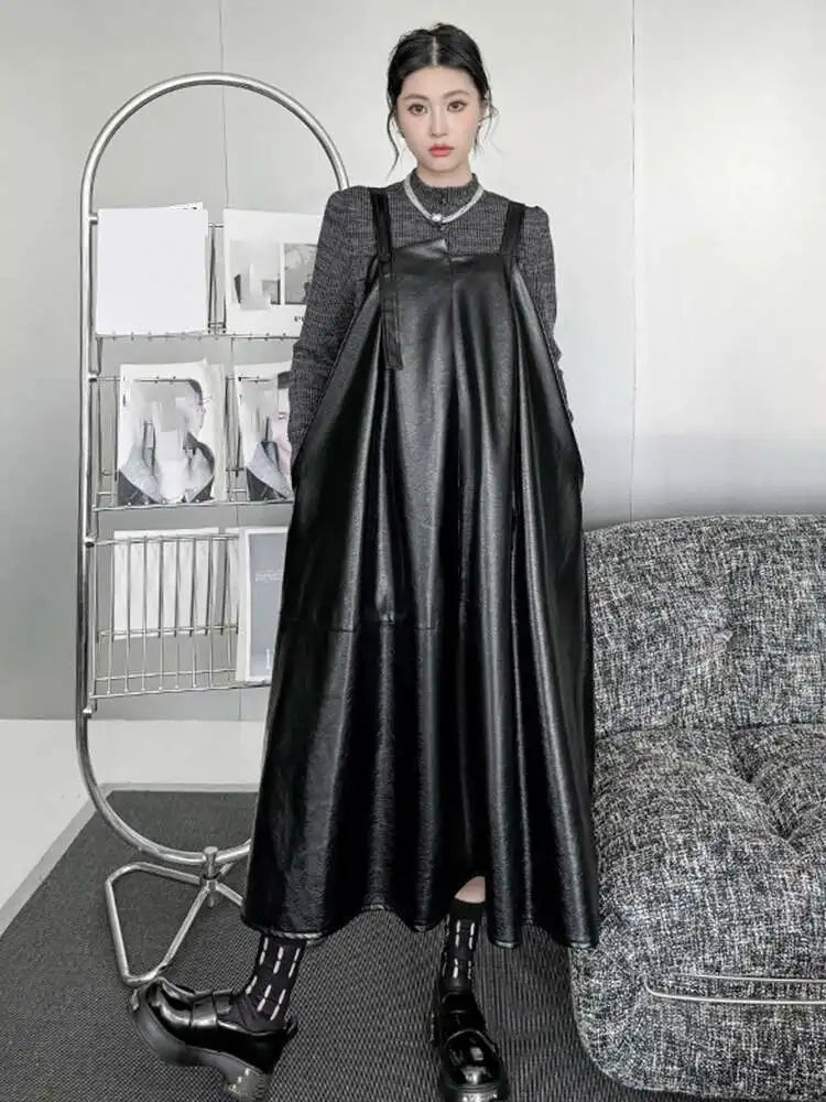 Women Black Pu Leather Big Size Casual Strap Dress New Square Collar Sleeveless Fashion Tide Spring Autumn 2025 1DH5160