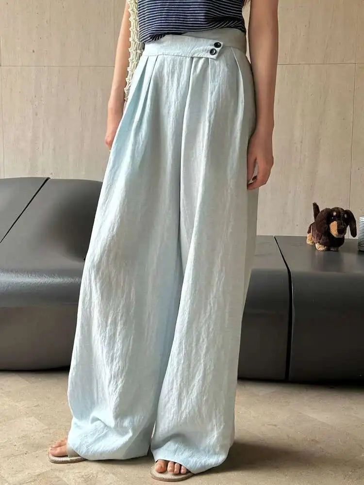 High Elastic Waist White Linen Pleated Long Elegant Wide Leg Pants New Trousers Women Fashion Spring Summer 2025 1DH6125