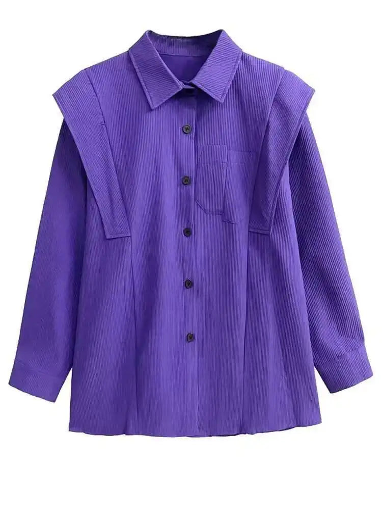 Women Purple Corduroy Shaped Big Size Elegant Blouse New Lapel Long Sleeve Shirt Fashion Tide Spring Autumn 2025 1DH4096