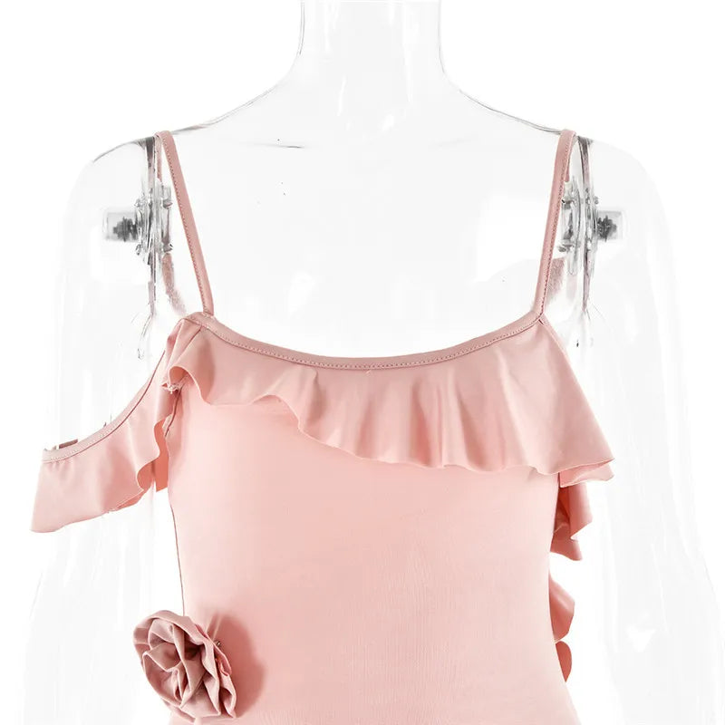 Elegant Ruffle Sexy Maxi Dress Women Spaghetti Strap Flower Sleeveless Backless High Split Club Party Evening Dress