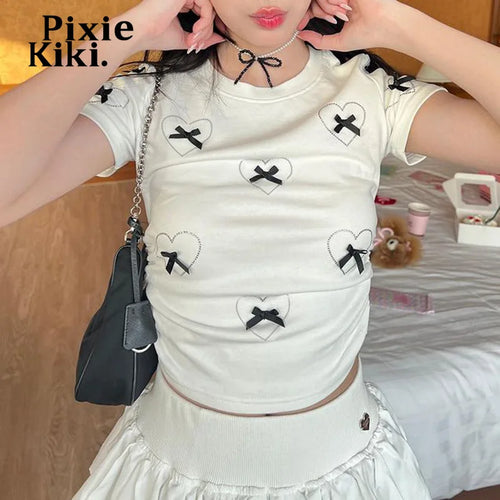 Load image into Gallery viewer, Korean Fashion Bows Crop Top White Baby Tees 2000s Y2k Cutecore Asian Style Clothes Female Summer T Shirts P84-BC15
