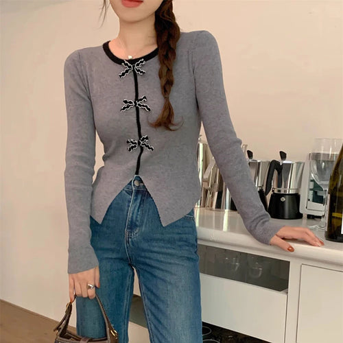 Load image into Gallery viewer, y2k Crop Top Women Fairycore Clothing Round Neck Long Sleeve T Shirt with Bow Decor 2000s Aesthetic Clothes Streetwear
