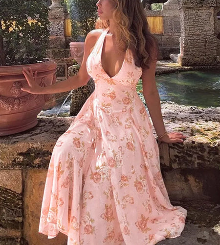 Sexy Print Deep V-neck Sleeveless Backless Neck-mounted Dress Women Slim High Waist Birthday Party Dress Femme Outfits