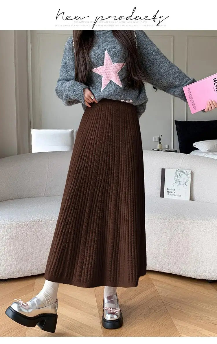 Vintage Women's Solid Elegant Party Knitted Long Skirt High Waist Pleated Warm Vacation A-line Skirts 2024 Autumn Winter Popular