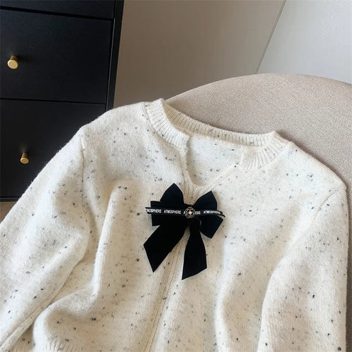 Load image into Gallery viewer, White Long Sleeve Knitted Women Bright Silk Bow Sweater Red V-neck Office Lady Button Casual Pullover Top Autumn Winter
