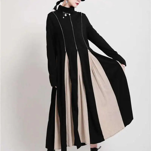Load image into Gallery viewer, Women Black White Contrast Color Long Dress New Turtleneck Long Sleeve Loose Fit Fashion Tide Autumn Winter 2025  1DD2153
