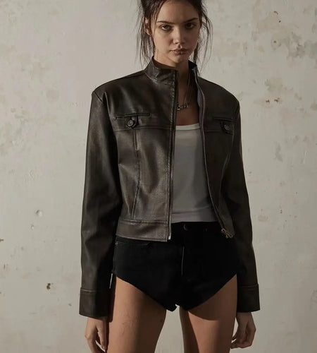 Punk Leather Crop Jackets Women's Clothing Slim Fit Stand Neck Zipper Outwear Crop Tops 2024 Ropa Mujer Vintage Fashion PU Coats