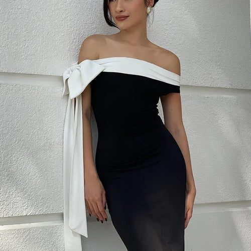 Load image into Gallery viewer, Sleeveless Ribbon Off-shoulder Solid Sexy Autumn Winter Maxi Dress For Women High Waist Bow Bodycon Party Long Dress
