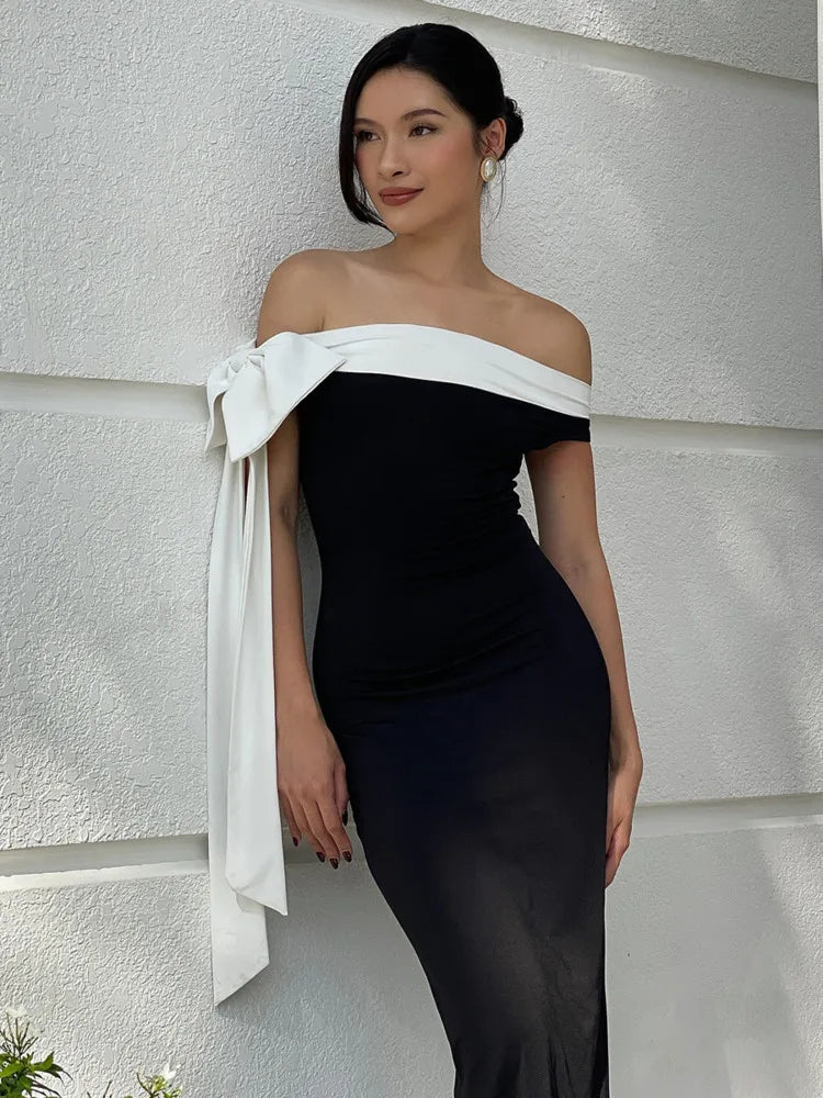 Sleeveless Ribbon Off-shoulder Solid Sexy Autumn Winter Maxi Dress For Women High Waist Bow Bodycon Party Long Dress