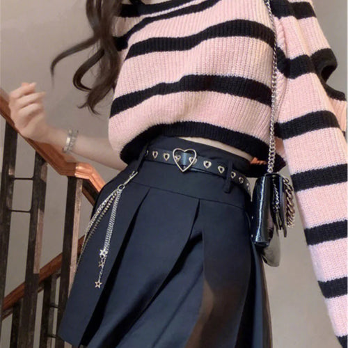 Load image into Gallery viewer, Y2k Aesthetic Harajuku Women Cropped Sweater Fashion Striped Loose Pull Femme Off Shoulder Casual Grunge Knitted  Chandails
