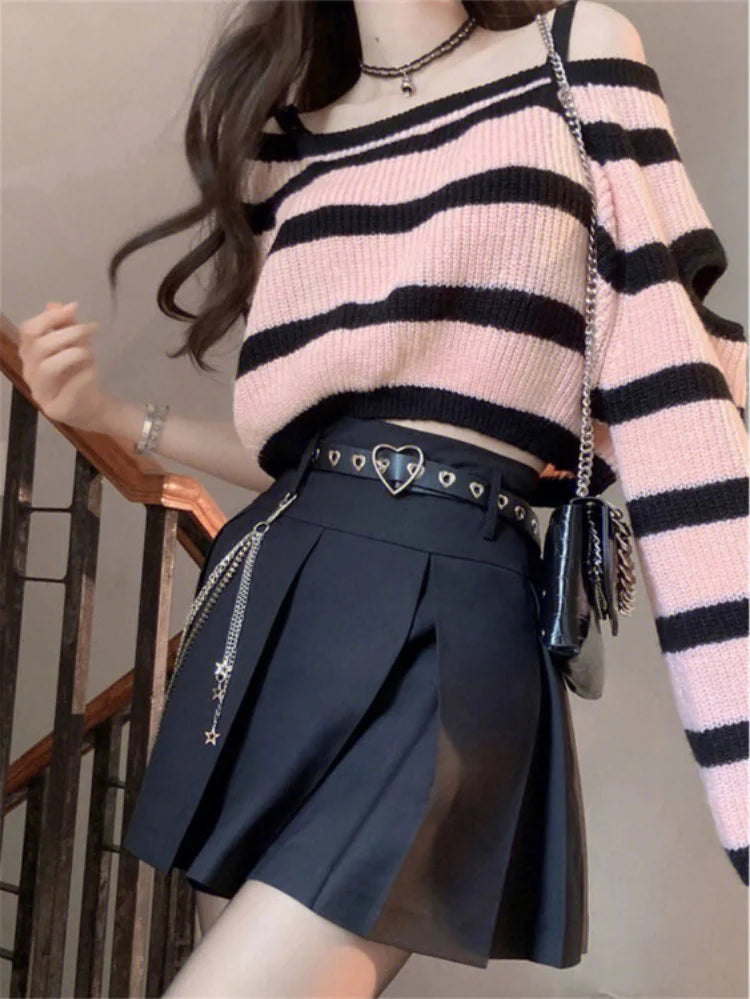 Y2k Aesthetic Harajuku Women Cropped Sweater Fashion Striped Loose Pull Femme Off Shoulder Casual Grunge Knitted  Chandails