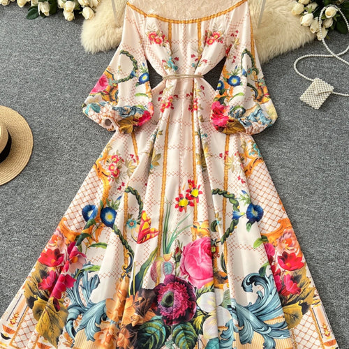 Load image into Gallery viewer, French Retro Women Black Beige Print Patchwork Lace Elegant Long Sleeves Princess Dress Boho Slim Evening Party Dress Spring New
