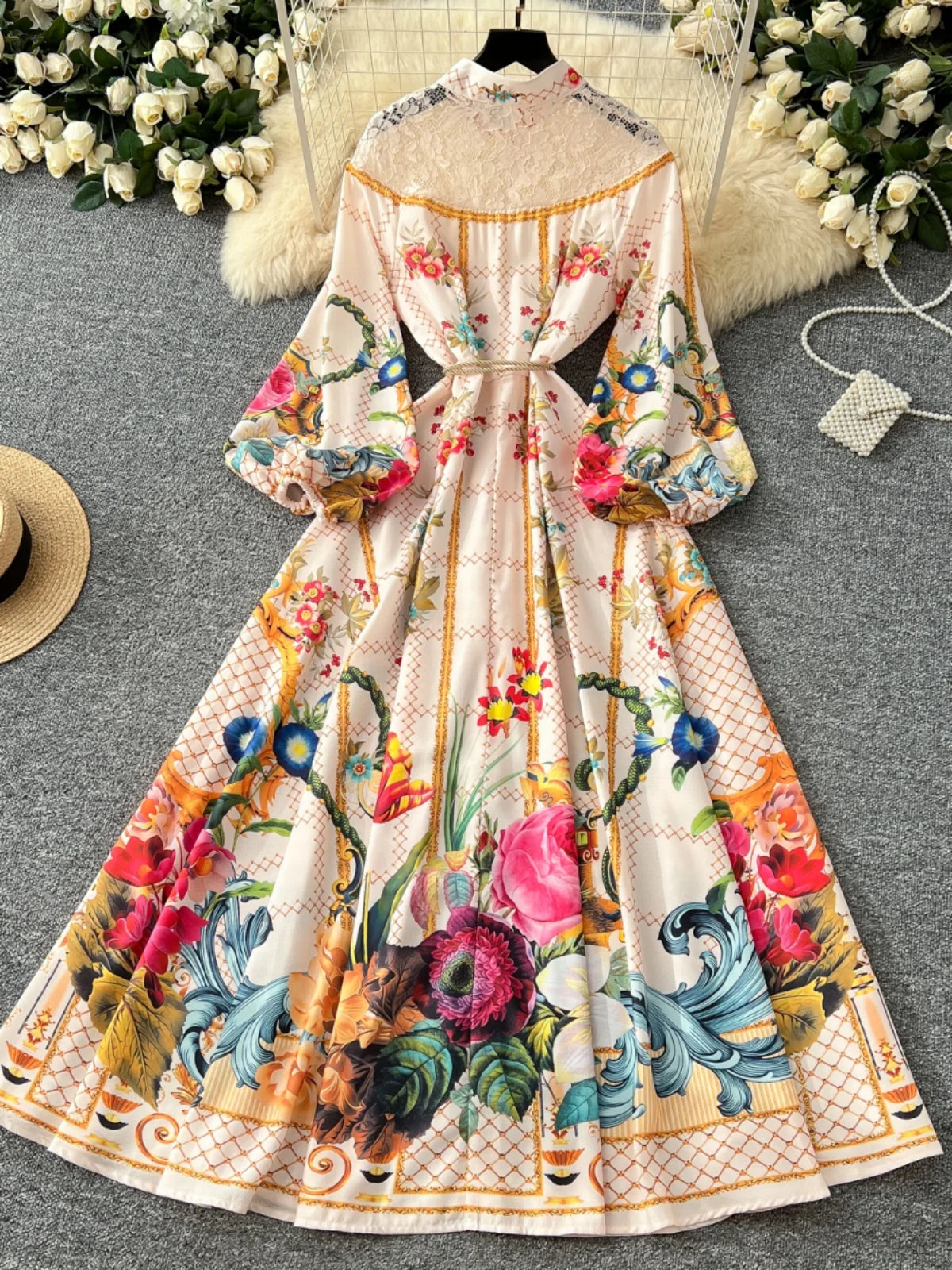 French Retro Women Black Beige Print Patchwork Lace Elegant Long Sleeves Princess Dress Boho Slim Evening Party Dress Spring New