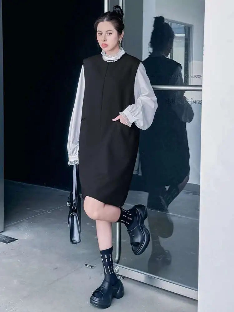 Women Black Brief Elegant Zipper Big Size Mini Dress New Round Neck Sleeveless Fashion Tide Spring Autumn 2025 1DH9820