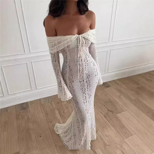 Load image into Gallery viewer, Lace Off-shoulder Sexy Maxi Dress Women Strapless Backless Long Sleeve Bodycon Evening Club Party Long Dress Elegant
