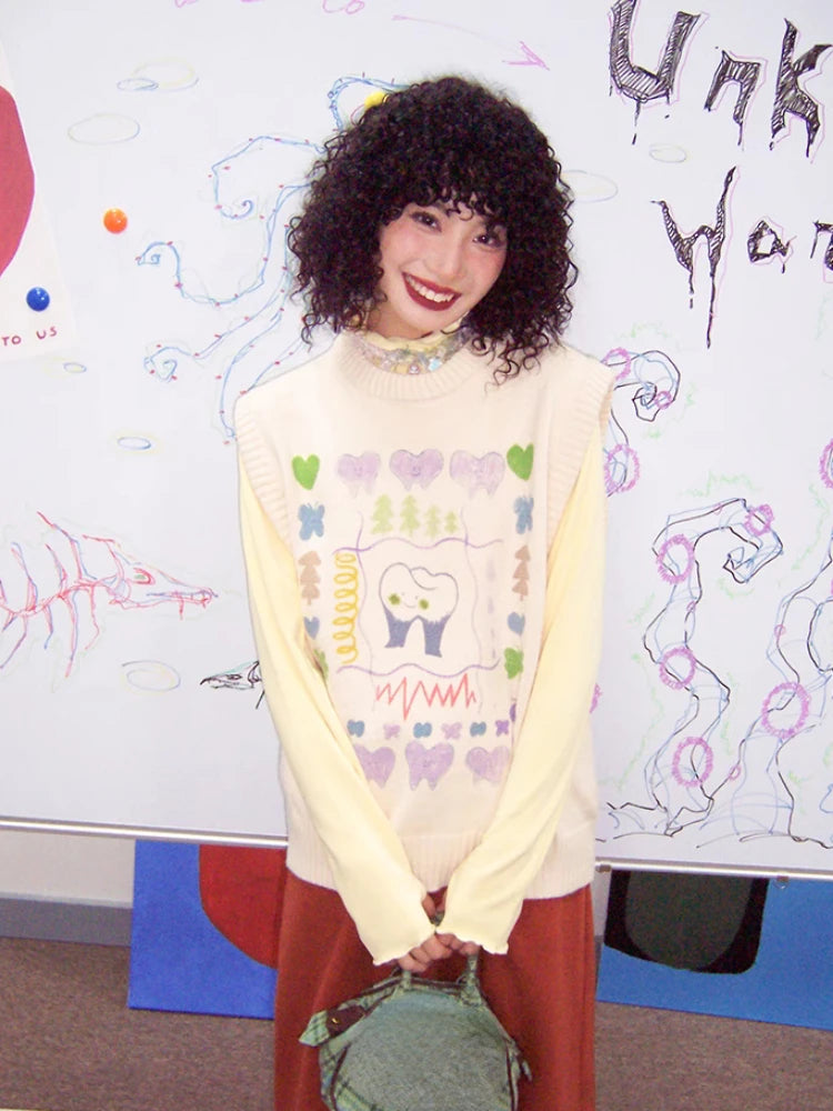 Autumn Grunge Loose Knitted Women's Tanks Casual Cartoon Sleeveless Pullovers Y2k Aesthetic Harajuku Streetwear Sweater Vest