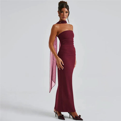 Load image into Gallery viewer, Strapless Backless Sexy Maxi Dress For Women Burgundy Mesh Sleeve Off-shoulder Bodycon Club Party Evening Long Dress
