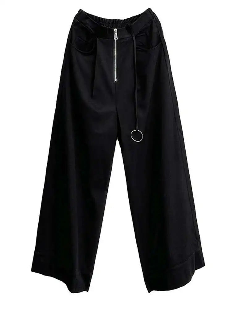 High Elastic Waist Black Pocket String Long Wide Leg Pants New Trousers Women Fashion Tide Spring Autumn 2025 1DH9507