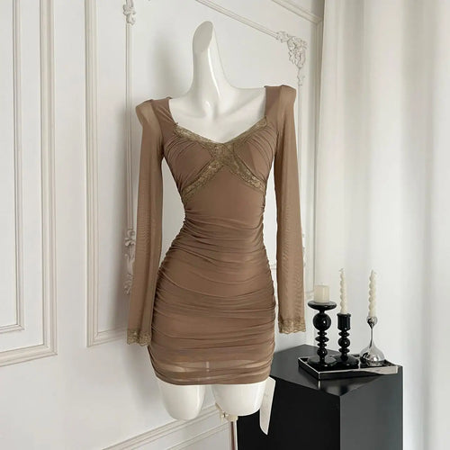 Load image into Gallery viewer, Autumn Winter Khaki Lace Square Neck Elegant Slim Pleated Dress For Women New Brown Mesh Long Sleeves Festival Short Dress Trend
