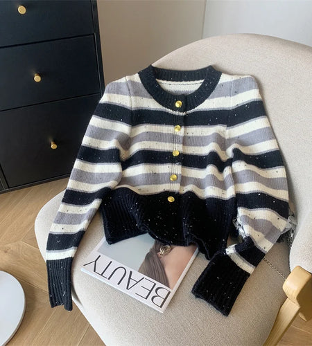 Autumn Winter Red Bright Silk Patchwork Cardigan Sweaters Women Black Striped Long Sleeve Loose Round Neck Knited Tops Outerwear