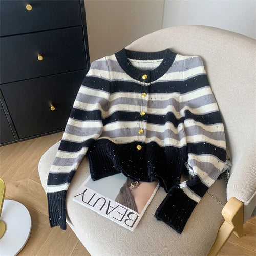 Load image into Gallery viewer, Autumn Winter Red Bright Silk Patchwork Cardigan Sweaters Women Black Striped Long Sleeve Loose Round Neck Knited Tops Outerwear
