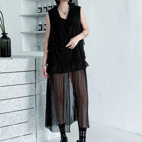 Load image into Gallery viewer, Women Black Singles Breasted Mesh Big Size Midi Vest Dress New Lapel Sleeveless Fashion Tide Spring Autumn 2025 1DJ1041
