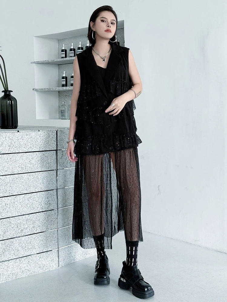Women Black Singles Breasted Mesh Big Size Midi Vest Dress New Lapel Sleeveless Fashion Tide Spring Autumn 2025 1DJ1041