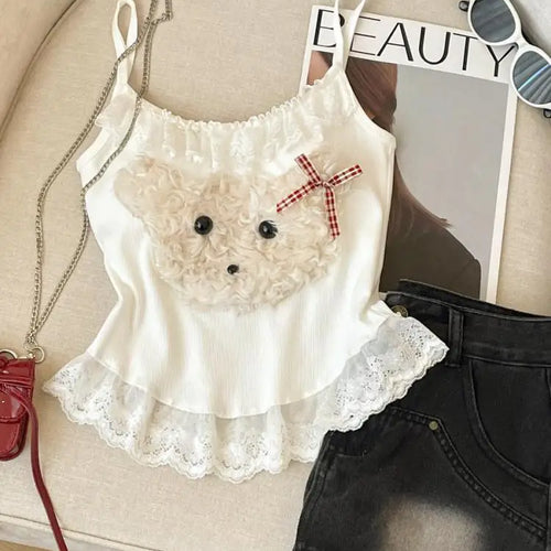 Load image into Gallery viewer, French Fashion Women Puppy Patchwork Lace Sleeveless Short Slip Top Summer Round Neck Backless Versatile Spaghetti Strap Tops
