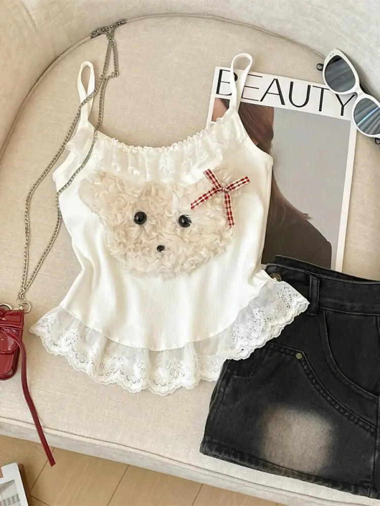 French Fashion Women Puppy Patchwork Lace Sleeveless Short Slip Top Summer Round Neck Backless Versatile Spaghetti Strap Tops