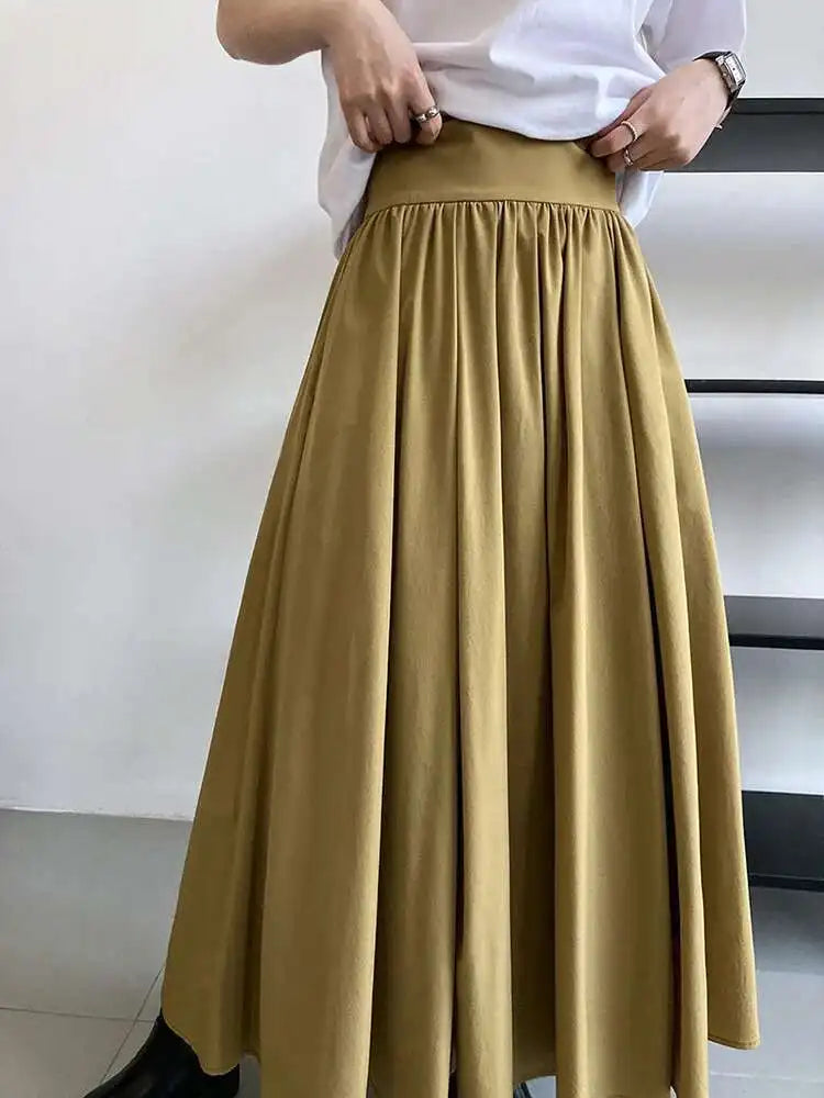 High Waist Apricot Brown Pleated Long Casual A-line Half-body Skirt Women Fashion Tide New Spring Autumn 2025 1DF5093