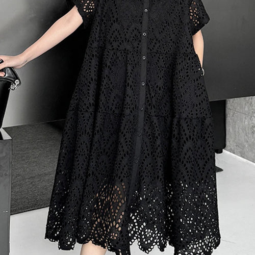 Load image into Gallery viewer, Women Black Lace Hollow Out Big Size Midi Shirt Dress New Lapel Short Sleeve Fashion Tide Spring Summer 2025 1DJ1166
